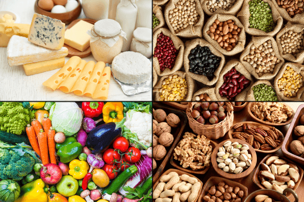 Collage of dairy products, legumes, fruits